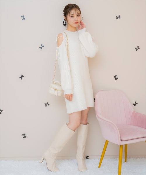 WILLSELECTION（ウィルセレクション）の「オープンショルダーリブニットワンピース（ワンピース・レディース・ブラック/サックスブルー/オフホワイト/ピンク・FREE）」の10枚目の写真