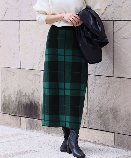 新色追加》チェック ニット ナロースカート ニットスカート ロング丈