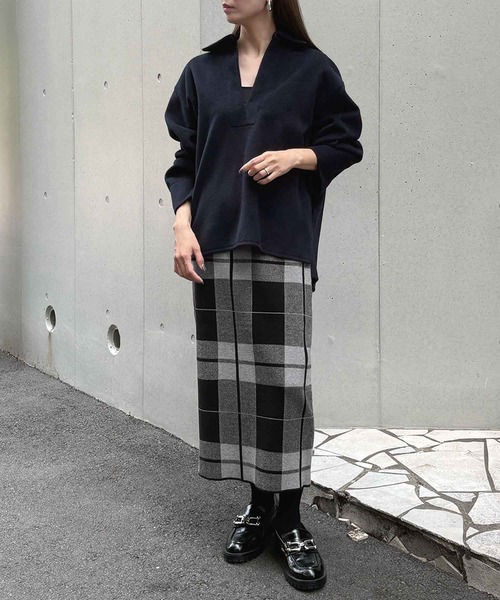 ELFRANK（エルフランク）の「【S～Lサイズ展開】チェック ニット ナロースカート ニットスカート ロング丈 秋 冬 タイト《着用動画あり》（スカート・レディース・ホワイト×ブラック/イエロー×ブラック/ブラック×ホワイト/イエロー系その他/グリーン系その他/ブラック×グレー/ブラック×レッド・FREE/M/L/S）」の17枚目の写真