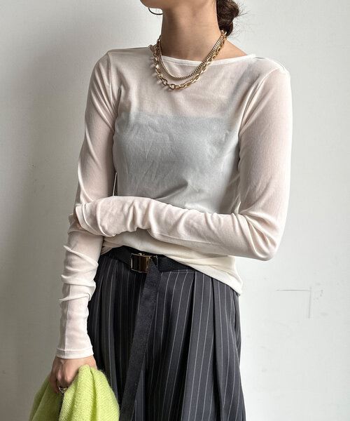 DouDou（ドゥドゥ）の「シアーラウンドTEE（Tシャツ/カットソー・レディース・グレー/ブラック/アイボリー/ブラウン/ホワイト/ベビーピンク/サックスブルー/ネイビー・FREE）」の20枚目の写真