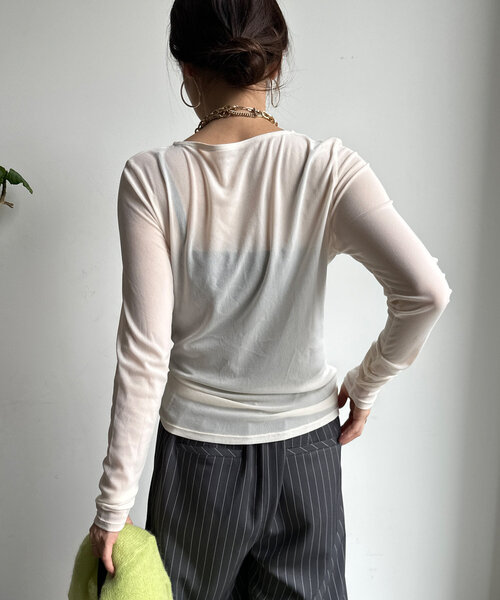 DouDou（ドゥドゥ）の「シアーラウンドTEE（Tシャツ/カットソー・レディース・グレー/ブラック/アイボリー/ブラウン/ホワイト/ベビーピンク/サックスブルー/ネイビー・FREE）」の19枚目の写真