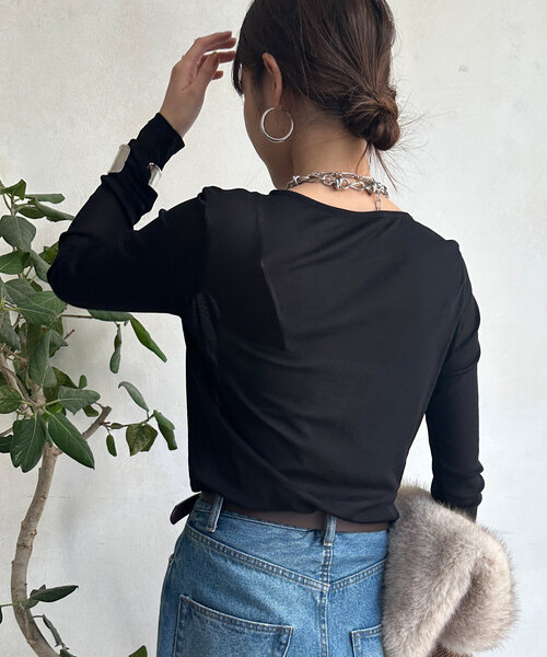 DouDou（ドゥドゥ）の「シアーラウンドTEE（Tシャツ/カットソー・レディース・グレー/ブラック/アイボリー/ブラウン/ホワイト/ベビーピンク/サックスブルー/ネイビー・FREE）」の12枚目の写真