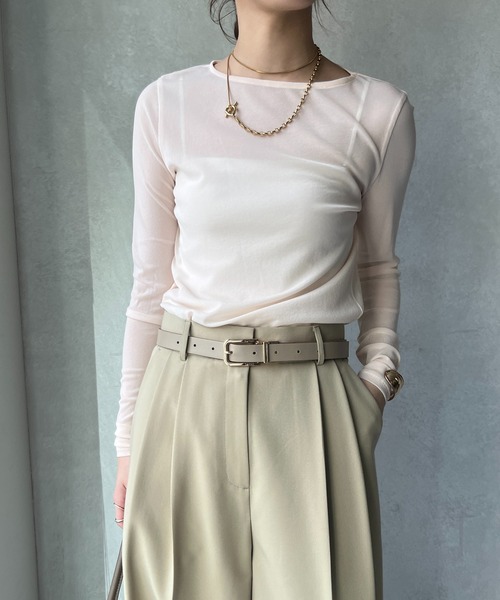 DouDou（ドゥドゥ）の「シアーラウンドTEE（Tシャツ/カットソー・レディース・グレー/ブラック/アイボリー/ブラウン/ホワイト/ベビーピンク/サックスブルー/ネイビー・FREE）」の8枚目の写真