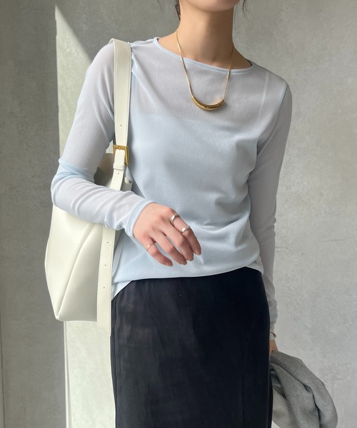 DouDou（ドゥドゥ）の「シアーラウンドTEE（Tシャツ/カットソー・レディース・グレー/ブラック/アイボリー/ブラウン/ホワイト/ベビーピンク/サックスブルー/ネイビー・FREE）」の7枚目の写真