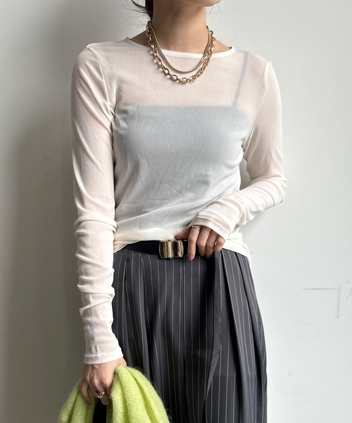 DouDou（ドゥドゥ）の「シアーラウンドTEE（Tシャツ/カットソー・レディース・グレー/ブラック/アイボリー/ブラウン/ホワイト/ベビーピンク/サックスブルー/ネイビー・FREE）」の4枚目の写真