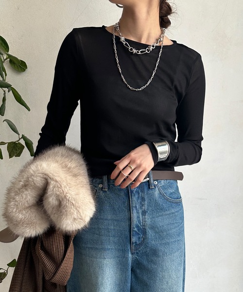 DouDou（ドゥドゥ）の「シアーラウンドTEE（Tシャツ/カットソー・レディース・グレー/ブラック/アイボリー/ブラウン/ホワイト/ベビーピンク/サックスブルー/ネイビー・FREE）」の5枚目の写真