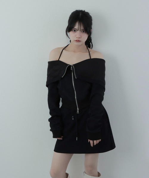 off shoulder zip hoodie tops/オフショルダージップフーディトップス