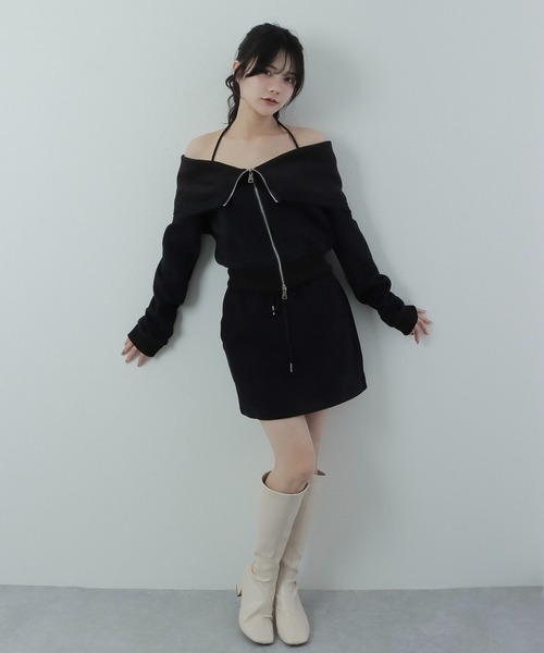 off shoulder zip hoodie tops/オフショルダージップフーディトップス