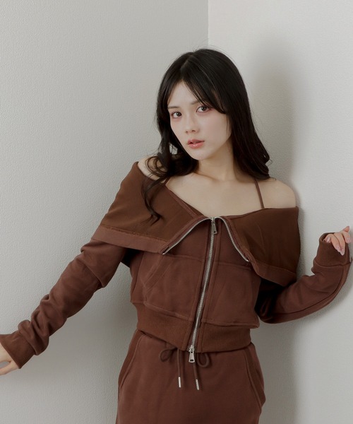 off shoulder zip hoodie tops/オフショルダージップフーディトップス