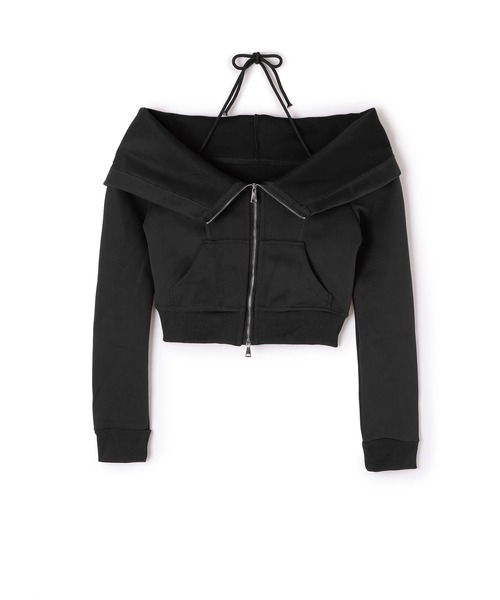 off shoulder zip hoodie tops/オフショルダージップフーディトップス