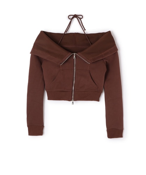 off shoulder zip hoodie tops/オフショルダージップフーディ