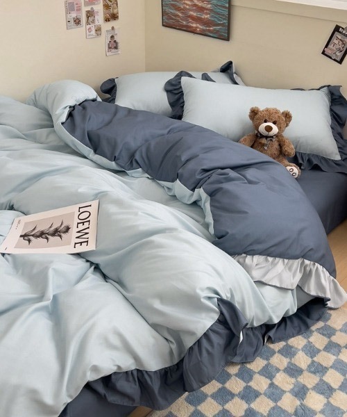 セール】フリルバイカラーガーリーベッドカバー3点セット（寝具