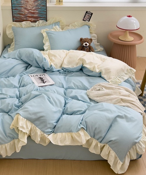 セール】フリルバイカラーガーリーベッドカバー3点セット（寝具
