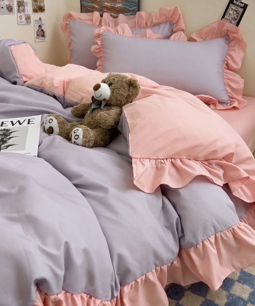 セール】フリルバイカラーガーリーベッドカバー3点セット（寝具