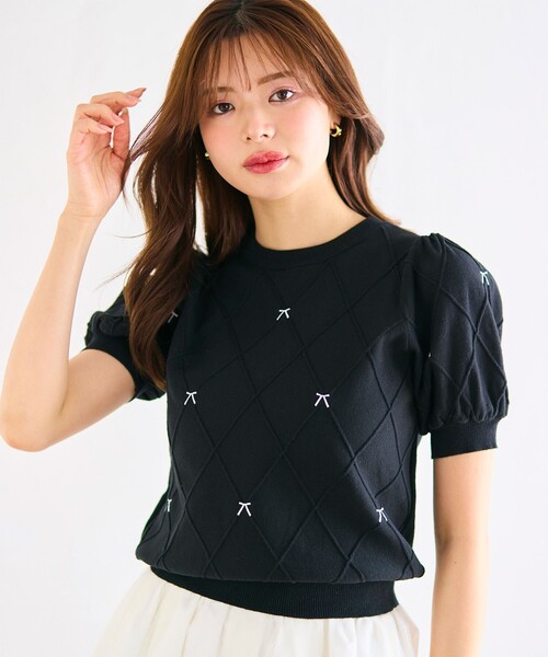 セール】【洗える】リボン刺繍ダイヤ柄 ニット（ニット/セーター