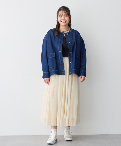anyfee/プラスサイズ】ノーカラーデニムジャケット（デニムジャケット