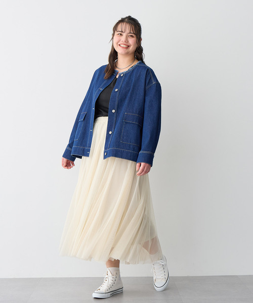 anyfee/プラスサイズ】ノーカラーデニムジャケット（デニムジャケット