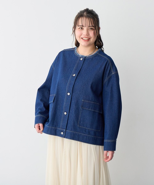 anyfee/プラスサイズ】ノーカラーデニムジャケット（デニム