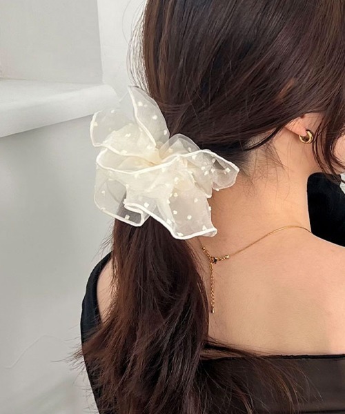 セール】オーガンジー ドット ボリューム フリル シュシュ（シュシュ