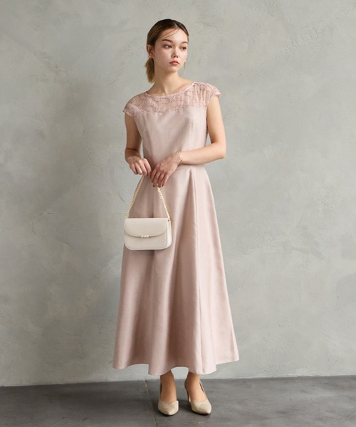 AIMER（エメ）の「リリアン刺繍×シャンタン フレンチスリーブフレアパーティードレス　結婚式　お呼ばれ　ドレス　20代 30代（ドレス・レディース・ピーコックグリーン系/ベージュ/ラベンダー/ピンクベージュ・MEDIUM/LARGE）」の15枚目の写真