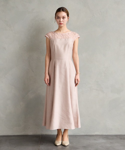 AIMER（エメ）の「リリアン刺繍×シャンタン フレンチスリーブフレアパーティードレス　結婚式　お呼ばれ　ドレス　20代 30代（ドレス・レディース・ピーコックグリーン系/ベージュ/ラベンダー/ピンクベージュ・MEDIUM/LARGE）」の6枚目の写真