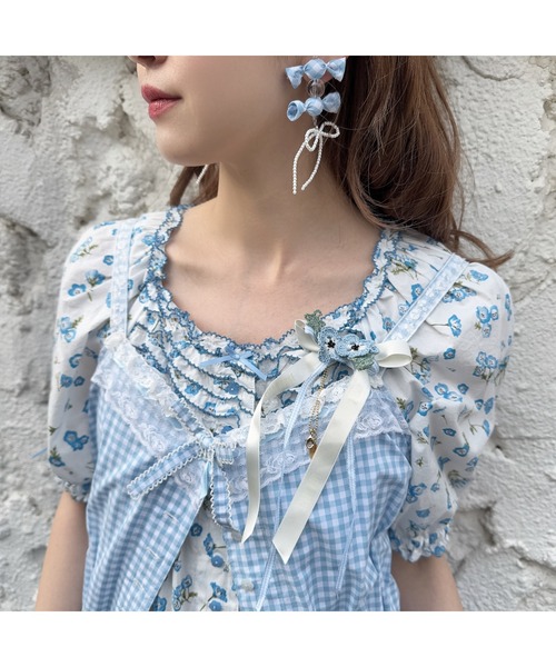 gingham check shibori flower earrings