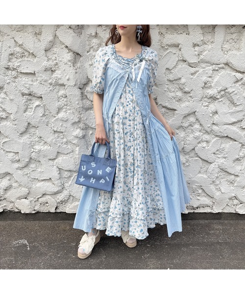 gingham check shibori flower earrings