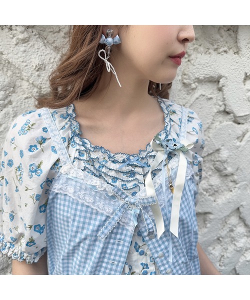 gingham check shibori flower earrings
