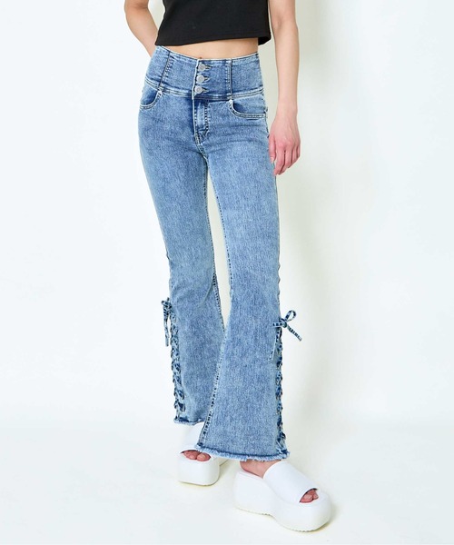 Mmeeme Vラインウエストリボンフレアデニム　Fサイズ パンツ V-line waist ribbon flared denim M me eme／V-line