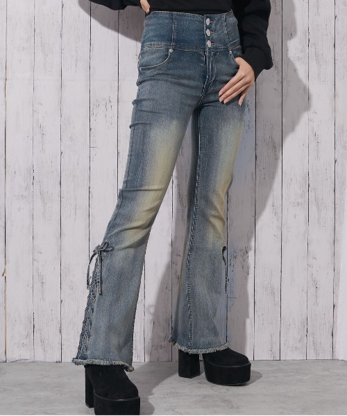 GORGE（ゴージ）の「《3ボタン×サイドリボン》レディース デニムパンツ フレア ハイウエスト 美脚 春夏秋冬（デニムパンツ・レディース・ブルー/ブラック/ブルー系・S/M/L）」の16枚目の写真