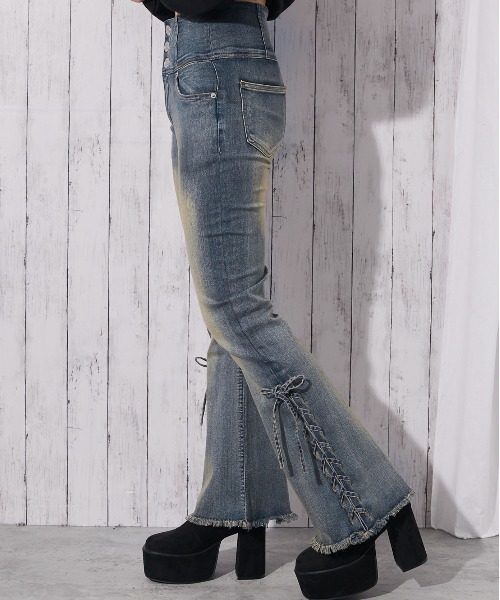 GORGE（ゴージ）の「《3ボタン×サイドリボン》レディース デニムパンツ フレア ハイウエスト 美脚 春夏秋冬（デニムパンツ・レディース・ブルー/ブラック/ブルー系・S/M/L）」の17枚目の写真