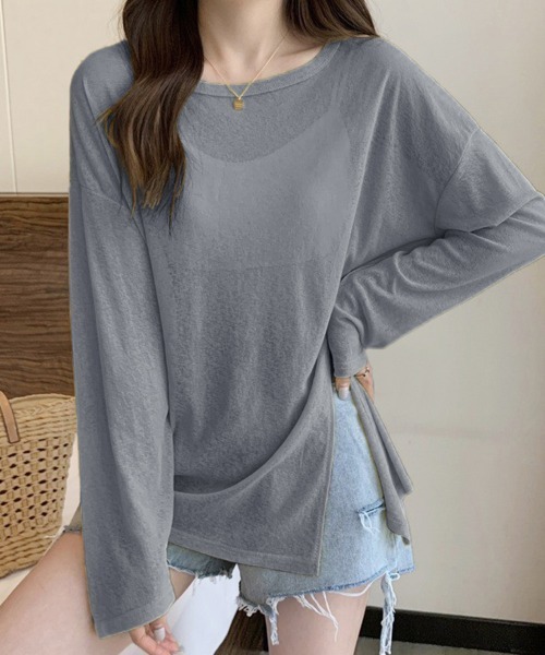 Doux Belle(ドゥーベル)の「サイドスリットシアートップス(Tシャツ/カットソー・レディース・ブラック/ライトブルー/ピンク系その他/ブルー/グレー/ライトグリーン/グリーン/ピンク/ホワイト/ブラウン/サーモンピンク/ミント/イエロー/パープル/ブルー系その他・FREE)」の3枚目の写真