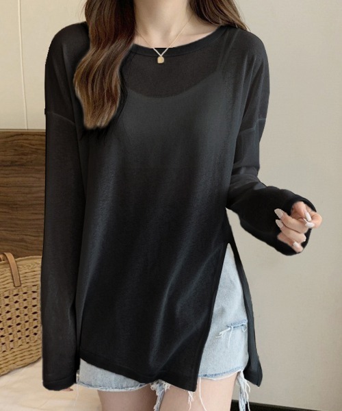 Doux Belle(ドゥーベル)の「サイドスリットシアートップス(Tシャツ/カットソー・レディース・ブラック/ライトブルー/ピンク系その他/ブルー/グレー/ライトグリーン/グリーン/ピンク/ホワイト/ブラウン/サーモンピンク/ミント/イエロー/パープル/ブルー系その他・FREE)」の1枚目の写真