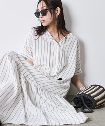 CHIC STYLE | ストライプフレンチスリーブロングワンピース＜大きいサイズ有＞シックスタイル(ワンピース)