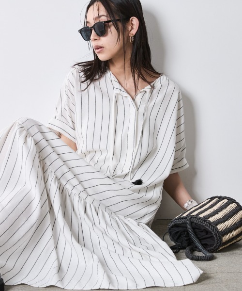 ストライプフレンチスリーブロングワンピース＜大きいサイズ有