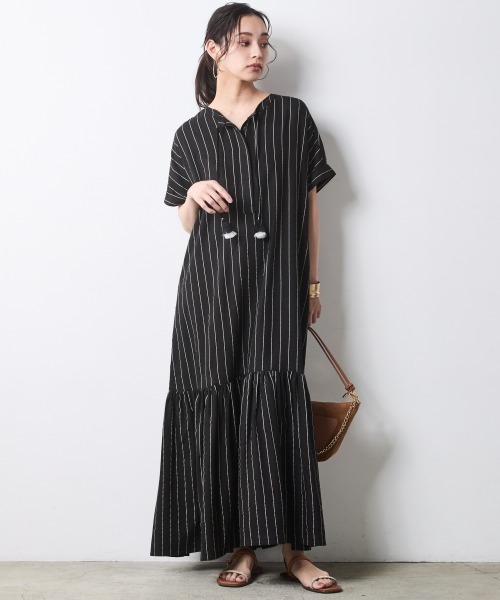 ストライプフレンチスリーブロングワンピース＜大きいサイズ有＞シック