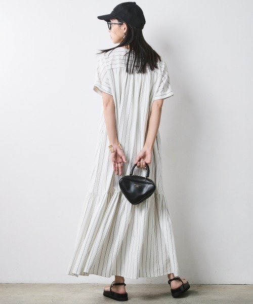 ストライプフレンチスリーブロングワンピース＜大きいサイズ有＞シック