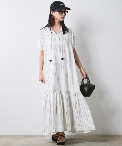 CHIC STYLE(シックスタイル)の「ストライプフレンチスリーブロングワンピース<大きいサイズ有>シックスタイル(ワンピース・レディース・ブラック系/ホワイト系/ブラック系その他2/ホワイト系その他2・M/L/LL/3L/4L/5L)」の6枚目の写真