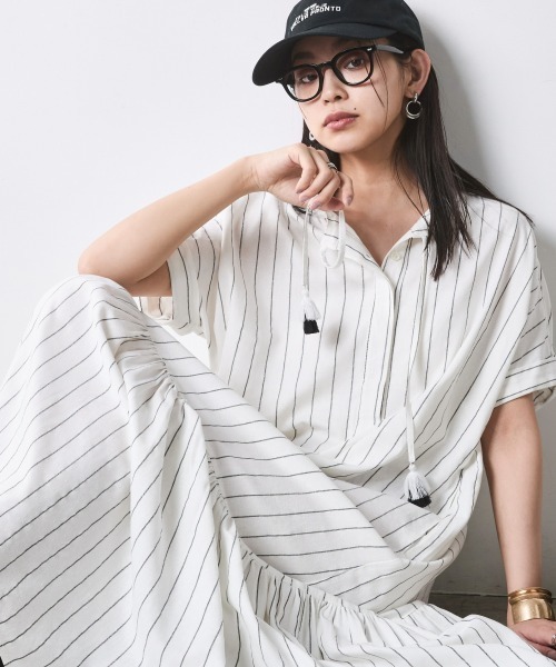 CHIC STYLE(シックスタイル)の「ストライプフレンチスリーブロングワンピース<大きいサイズ有>シックスタイル(ワンピース・レディース・ブラック系/ホワイト系/ブラック系その他2/ホワイト系その他2・M/L/LL/3L/4L/5L)」の7枚目の写真