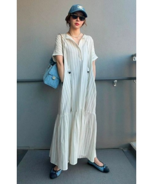 CHIC STYLE(シックスタイル)の「ストライプフレンチスリーブロングワンピース<大きいサイズ有>シックスタイル(ワンピース・レディース・ブラック系/ホワイト系/ブラック系その他2/ホワイト系その他2・M/L/LL/3L/4L/5L)」の13枚目の写真