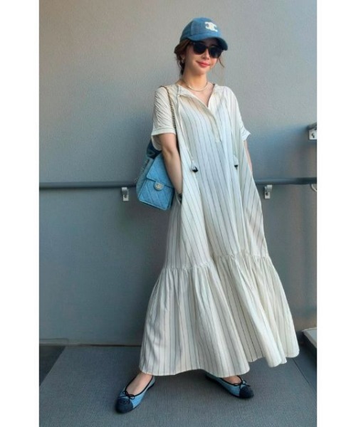 CHIC STYLE(シックスタイル)の「ストライプフレンチスリーブロングワンピース<大きいサイズ有>シックスタイル(ワンピース・レディース・ブラック系/ホワイト系/ブラック系その他2/ホワイト系その他2・M/L/LL/3L/4L/5L)」の11枚目の写真