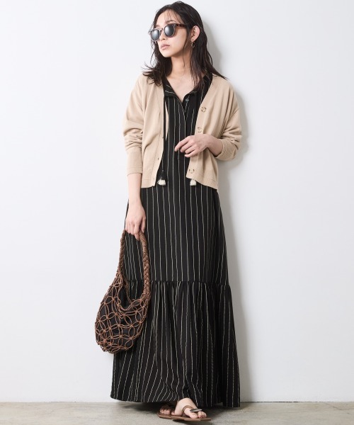 UNTITLED フレンチスリーブ ロングシャツワンピース　ストライプ柄　4 UNTITLED フレンチスリーブ ロングシャツワンピース ストライプ