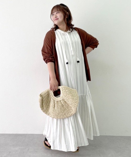 超美品! Thirty フリンジ　ビッグシルエット ロングワンピース 大きいサイズレディース ワンピース ビックカラー飾りボタン