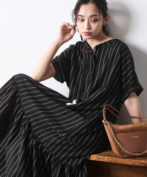 ストライプフレンチスリーブロングワンピース＜大きいサイズ有＞シック