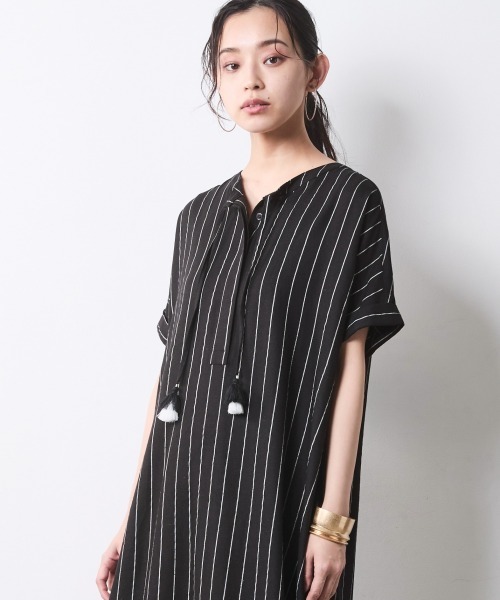 ストライプフレンチスリーブロングワンピース＜大きいサイズ有＞シック