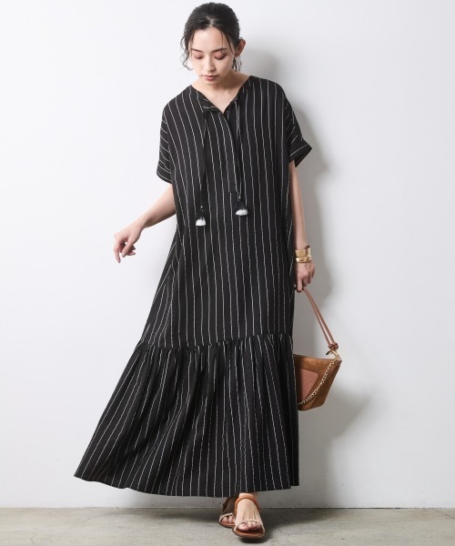 ストライプフレンチスリーブロングワンピース＜大きいサイズ有＞シック