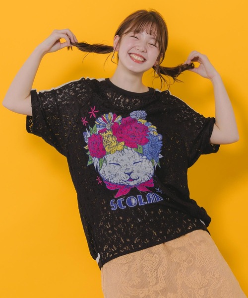 152648：花ネコ柄レースTシャツ（Tシャツ/カットソー）｜ScoLar