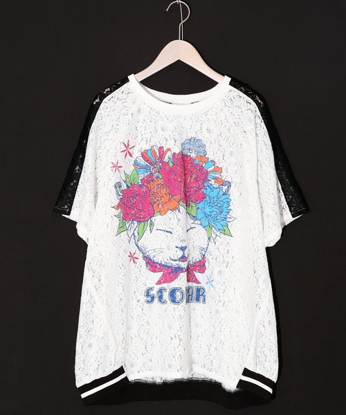 スカラー152648：花ネコ柄レースTシャツ 152648：花ネコ柄レースTシャツの通販-ScoLar