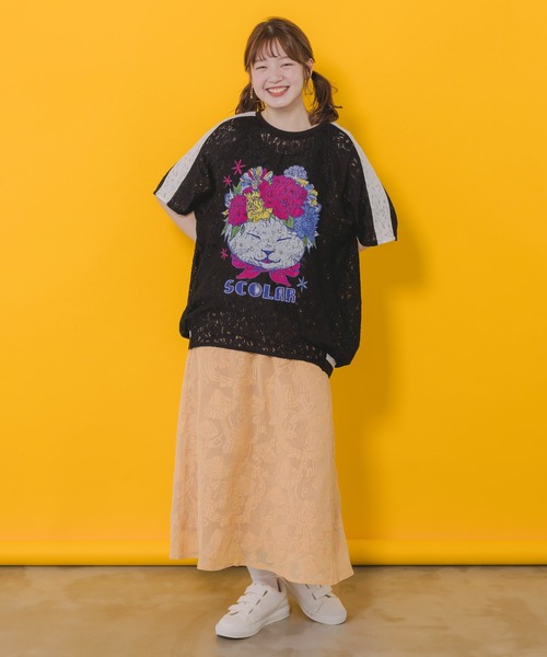 ScoLar - Scolar 花ネコ柄レースTシャツ 152648：花ネコ柄レースTシャツの通販-ScoLar