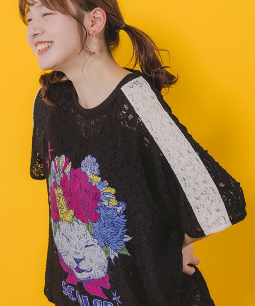 スカラー152648：花ネコ柄レースTシャツ 152648：花ネコ柄レースTシャツの通販-ScoLar